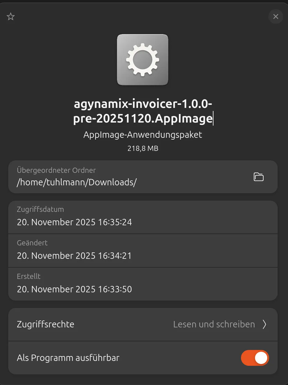 Rechtsklick auf die AppImage-Datei, wähle Eigenschaften und aktiviere 'Datei als Programm ausführen'