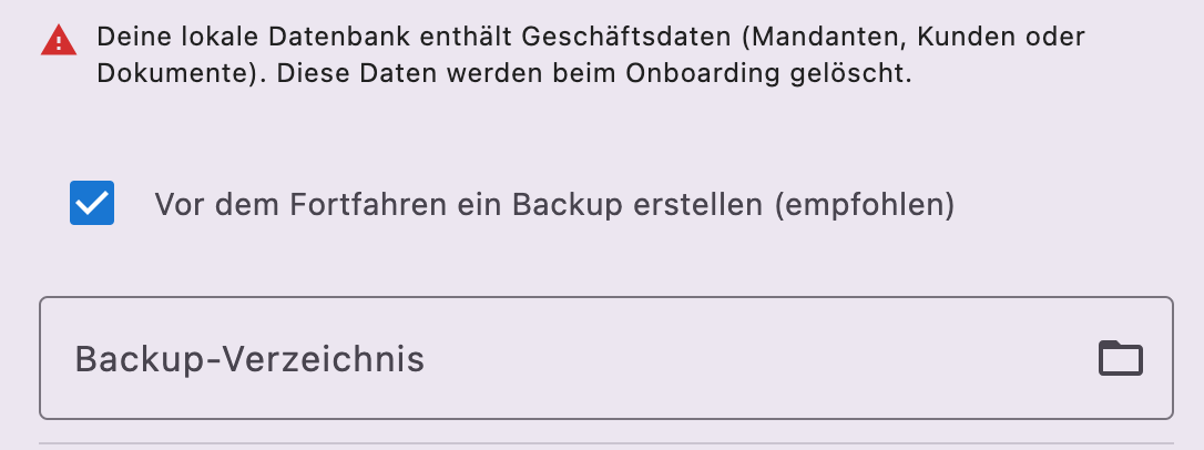 Backup-Schritt im Client-Onboarding vor dem Verbinden mit dem Host