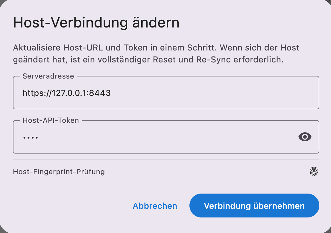 Dialog zum Ändern der Host-Verbindung mit Hinweis auf Reset und erneuten Abgleich